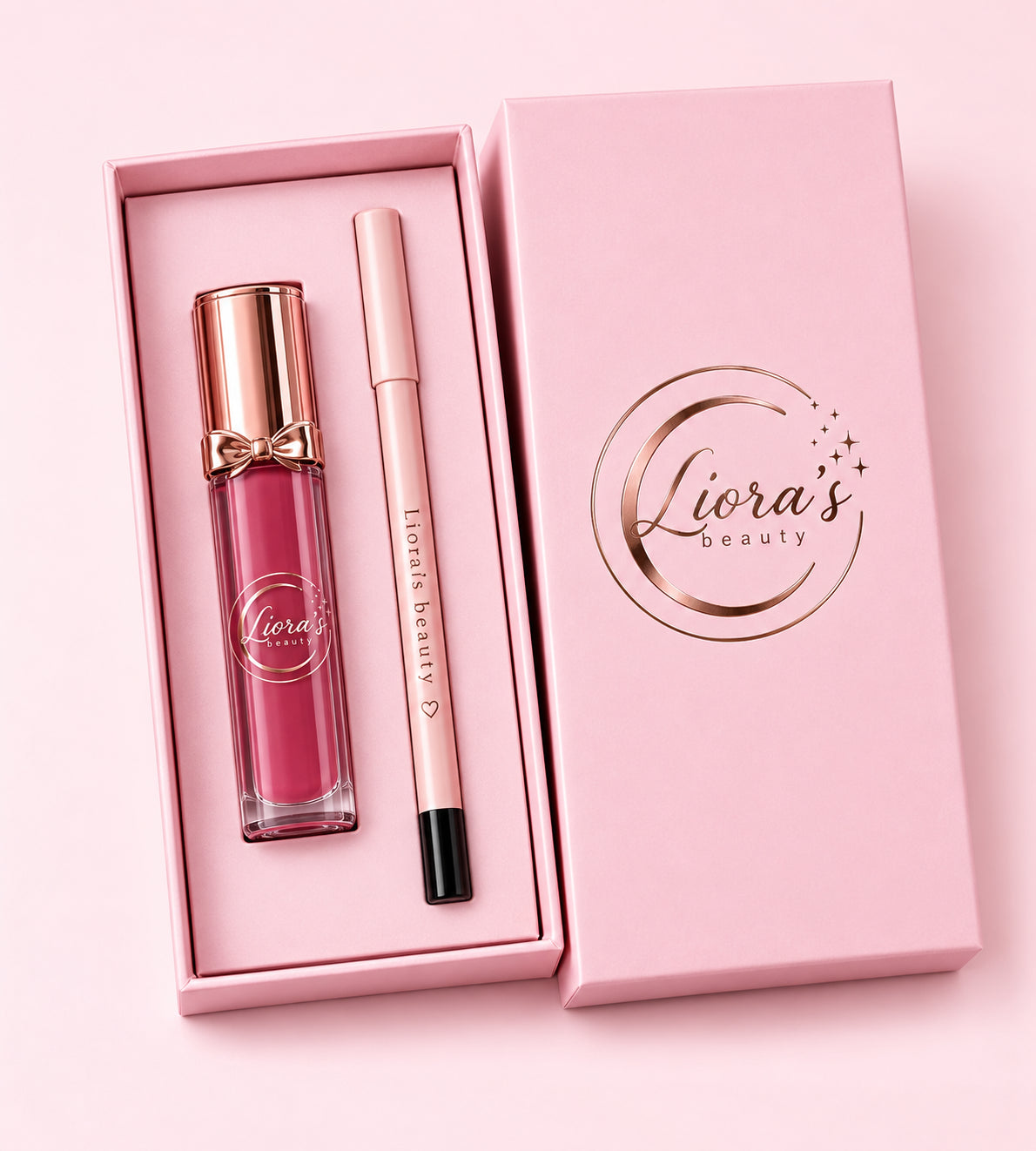 Liora's Beauty Set with lipgloss, lip liner and pink packaging